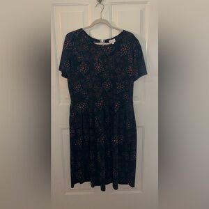 LuLaRoe Black Midi Dress with Teal and Coral Floral Medallions